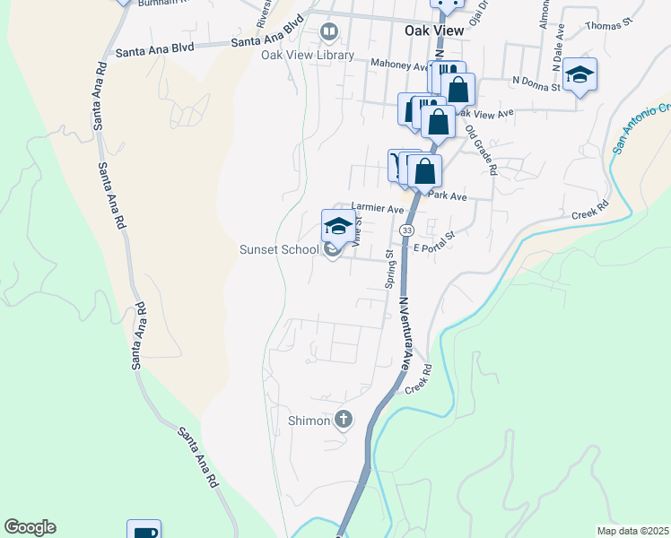 map of restaurants, bars, coffee shops, grocery stores, and more near 400 Sunset Avenue in Oak View