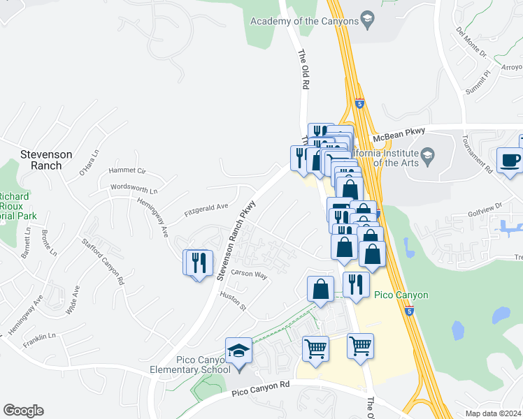 map of restaurants, bars, coffee shops, grocery stores, and more near 25815 Blake Court in Stevenson Ranch