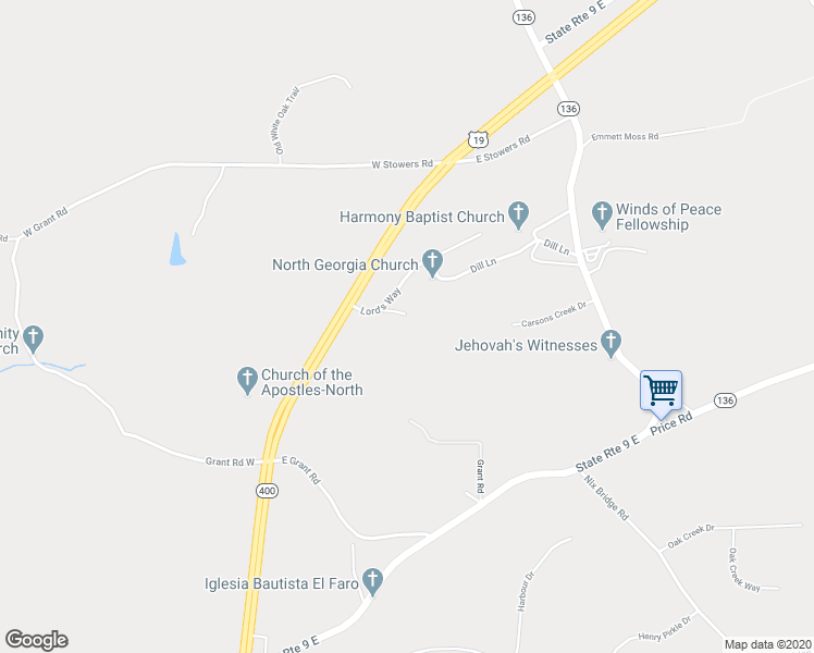 map of restaurants, bars, coffee shops, grocery stores, and more near 130 Lord's Way in Dawsonville