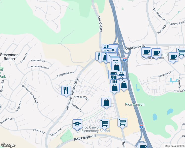 map of restaurants, bars, coffee shops, grocery stores, and more near 25821 Browning Place in Stevenson Ranch