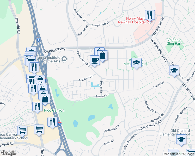 map of restaurants, bars, coffee shops, grocery stores, and more near 25811 Tournament Road in Santa Clarita
