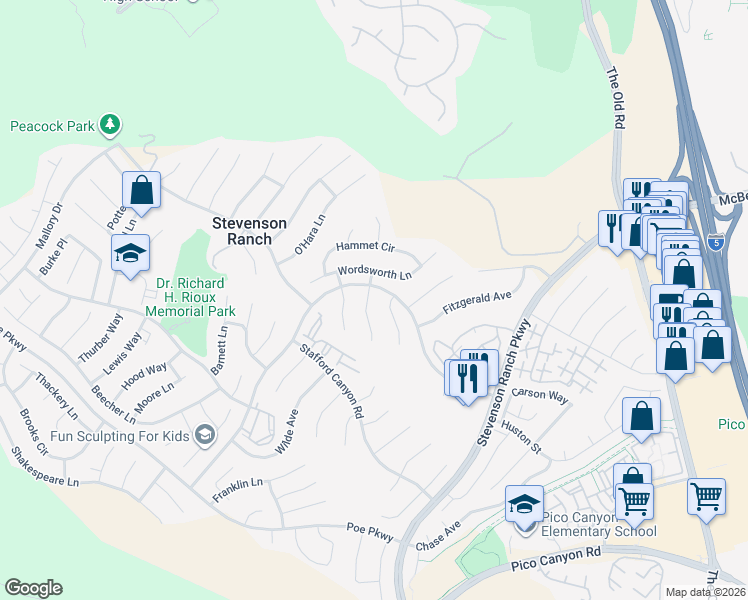 map of restaurants, bars, coffee shops, grocery stores, and more near 25852 Webster Place in Stevenson Ranch