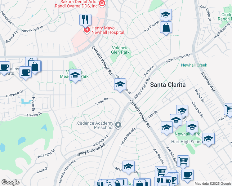 map of restaurants, bars, coffee shops, grocery stores, and more near 25457 Langston Street in Santa Clarita