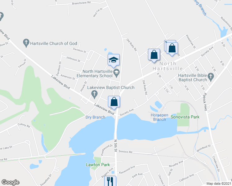 map of restaurants, bars, coffee shops, grocery stores, and more near 1031 East Lake Drive in Hartsville