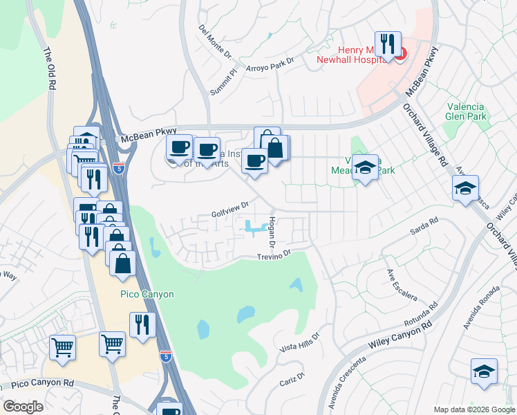map of restaurants, bars, coffee shops, grocery stores, and more near 25825 Tournament Road in Santa Clarita