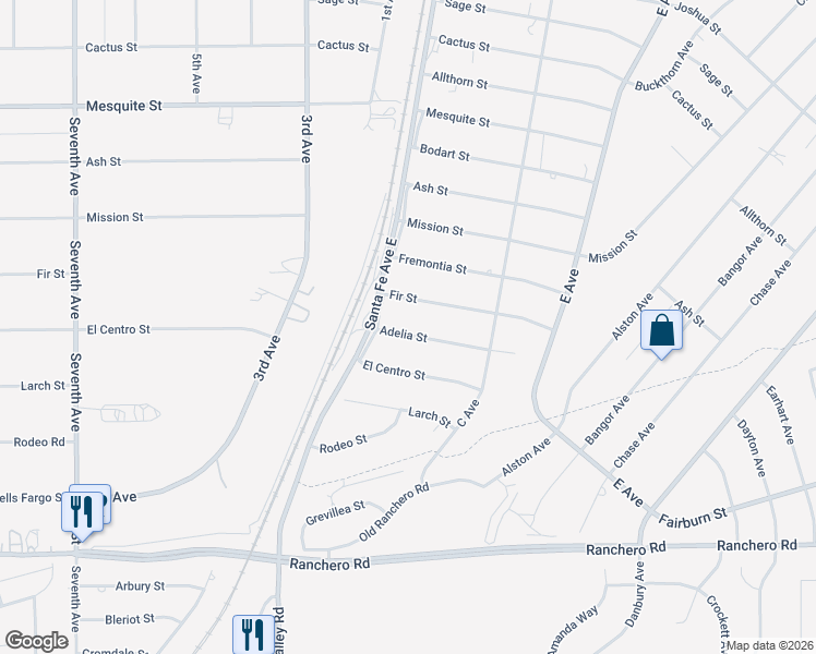 map of restaurants, bars, coffee shops, grocery stores, and more near 16336 Adelia Street in Hesperia