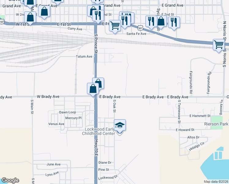 map of restaurants, bars, coffee shops, grocery stores, and more near 1004 East Brady Avenue in Clovis
