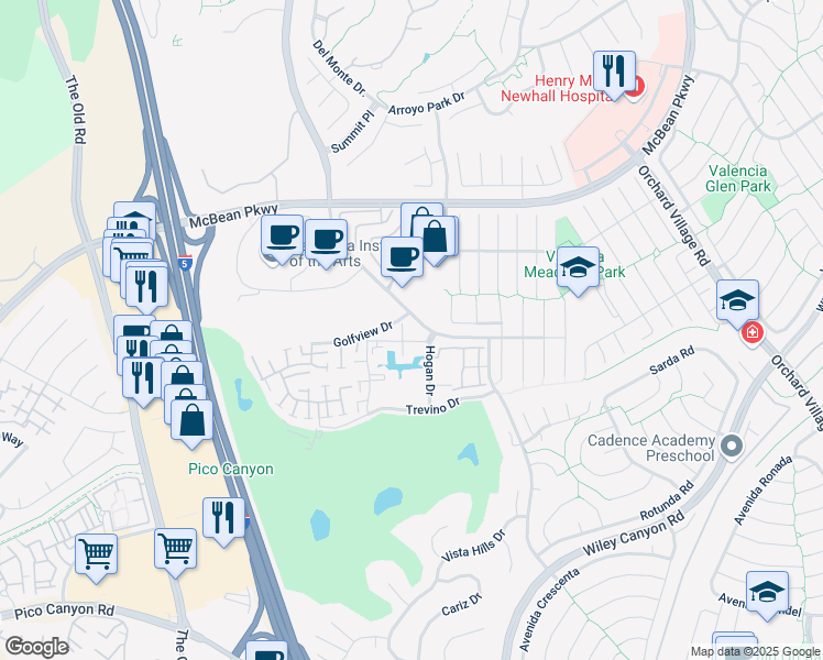 map of restaurants, bars, coffee shops, grocery stores, and more near 25811 Tournament Road in Santa Clarita