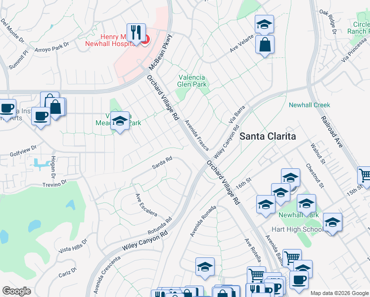 map of restaurants, bars, coffee shops, grocery stores, and more near 25457 Langston Street in Santa Clarita