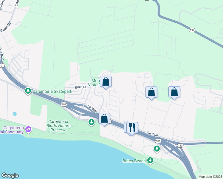 map of restaurants, bars, coffee shops, grocery stores, and more near 6180 Via Real in Carpinteria