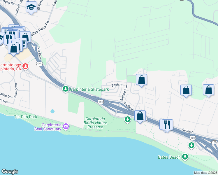 map of restaurants, bars, coffee shops, grocery stores, and more near 5940 Hickory Street in Carpinteria