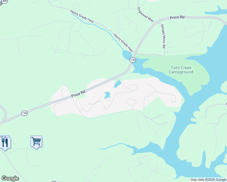 map of restaurants, bars, coffee shops, grocery stores, and more near 150 Silver Fox Drive in Dawsonville