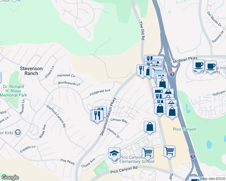 map of restaurants, bars, coffee shops, grocery stores, and more near 25362 Fitzgerald Avenue in Stevenson Ranch