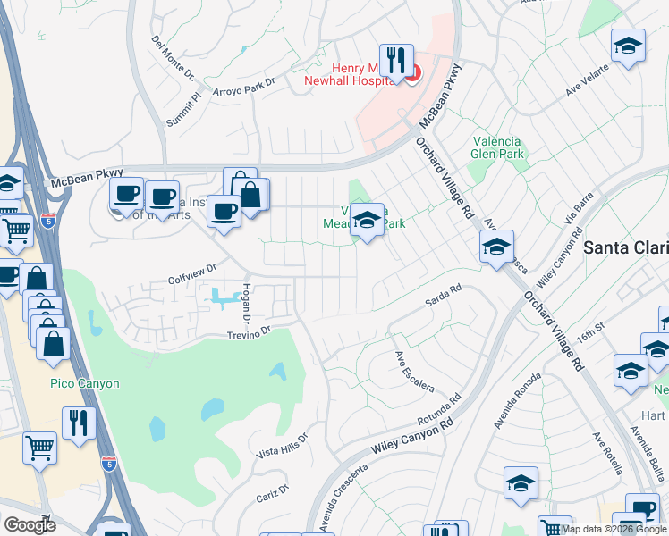 map of restaurants, bars, coffee shops, grocery stores, and more near 25711 Yucca Valley Road in Santa Clarita