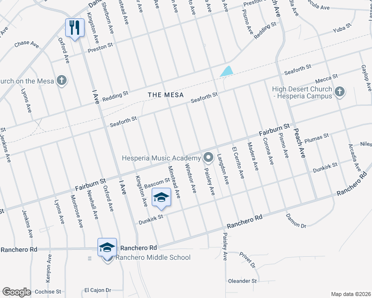 map of restaurants, bars, coffee shops, grocery stores, and more near 7697 Windsor Avenue in Hesperia