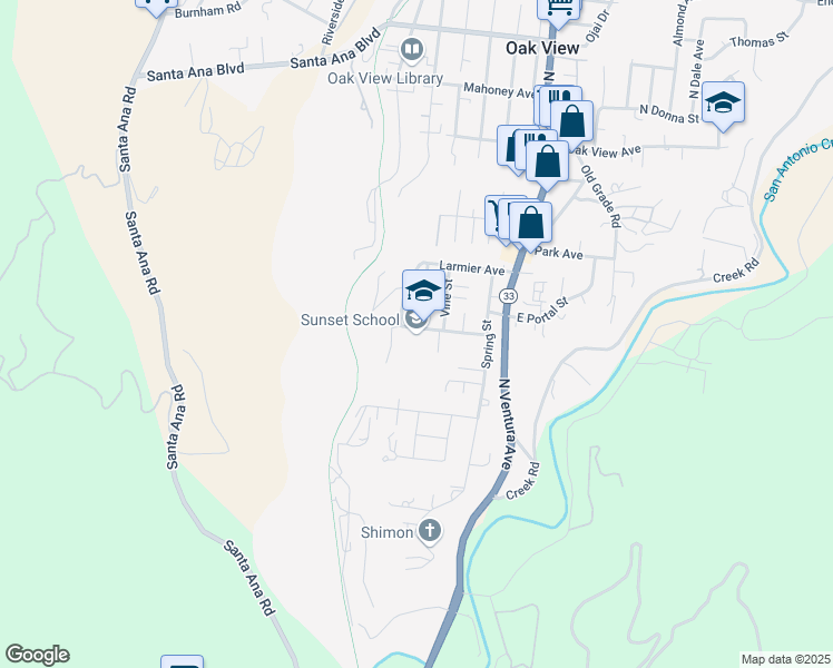 map of restaurants, bars, coffee shops, grocery stores, and more near 400 Sunset Avenue in Oak View