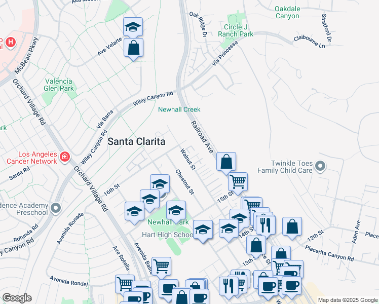 map of restaurants, bars, coffee shops, grocery stores, and more near 25052 Walnut Street in Santa Clarita