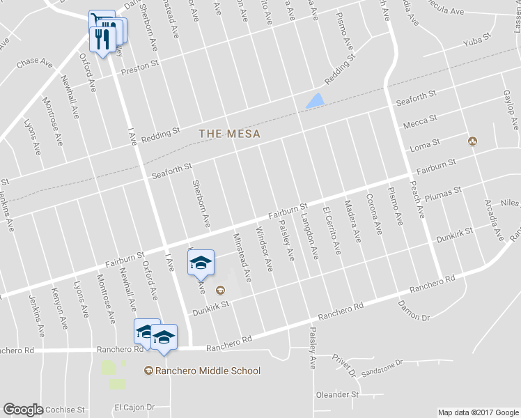 map of restaurants, bars, coffee shops, grocery stores, and more near 7697 Windsor Avenue in Hesperia