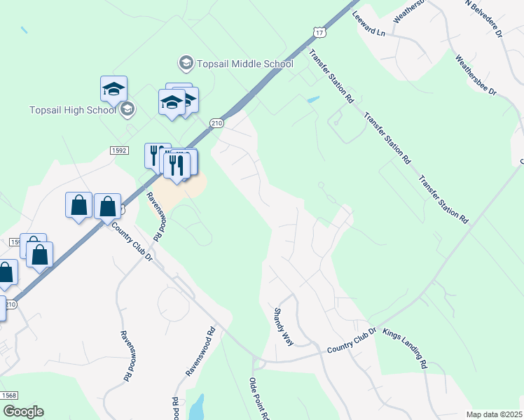 map of restaurants, bars, coffee shops, grocery stores, and more near 128 Vista Lane in Hampstead