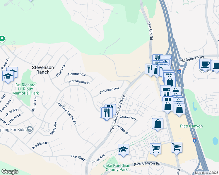 map of restaurants, bars, coffee shops, grocery stores, and more near 25437 Fitzgerald Avenue in Stevenson Ranch
