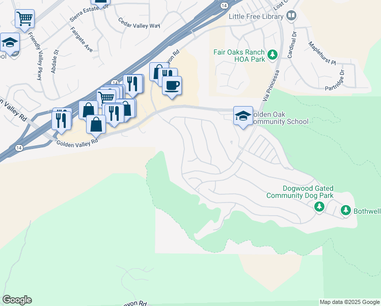 map of restaurants, bars, coffee shops, grocery stores, and more near 25117 Cypress Bluff Drive in Santa Clarita