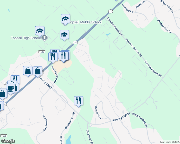 map of restaurants, bars, coffee shops, grocery stores, and more near 128 Vista Lane in Hampstead