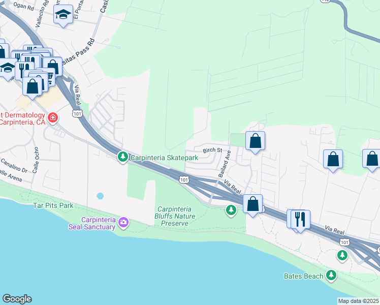map of restaurants, bars, coffee shops, grocery stores, and more near 5915 Birch Street in Carpinteria