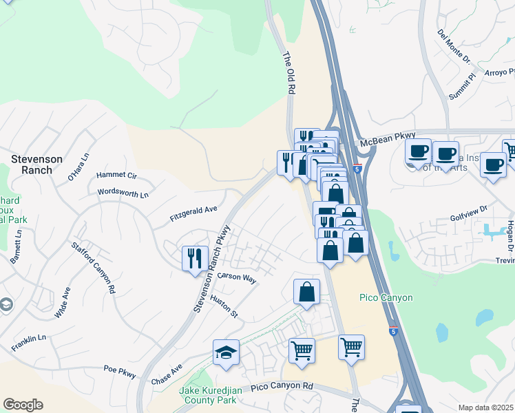map of restaurants, bars, coffee shops, grocery stores, and more near 25821 Browning Place in Stevenson Ranch