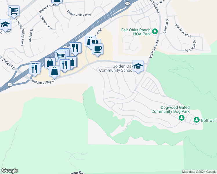 map of restaurants, bars, coffee shops, grocery stores, and more near 25117 Cypress Bluff Drive in Santa Clarita