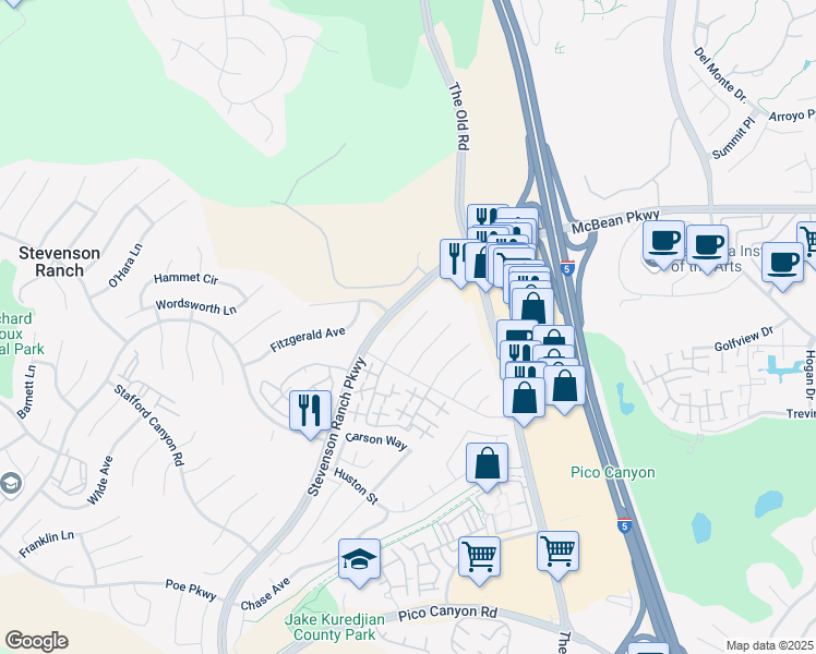 map of restaurants, bars, coffee shops, grocery stores, and more near 25808 Blake Court in Stevenson Ranch