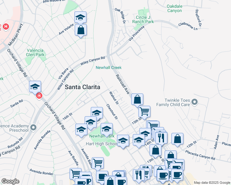map of restaurants, bars, coffee shops, grocery stores, and more near 22859 Walnut Cottage Lane in Santa Clarita