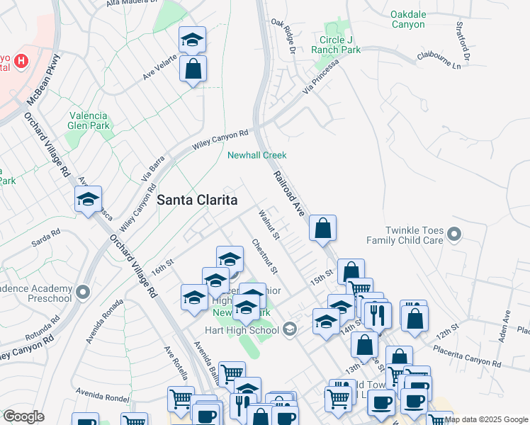 map of restaurants, bars, coffee shops, grocery stores, and more near 25055 Walnut Street in Santa Clarita