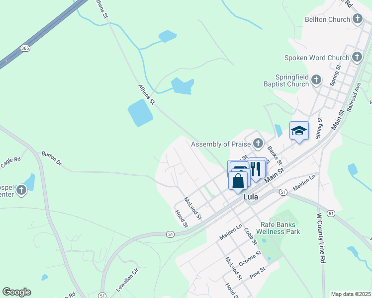 map of restaurants, bars, coffee shops, grocery stores, and more near 6041 Cobb Street in Lula