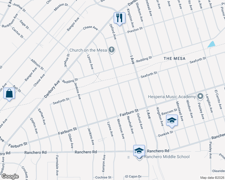 map of restaurants, bars, coffee shops, grocery stores, and more near 7697 Montrose Avenue in Hesperia