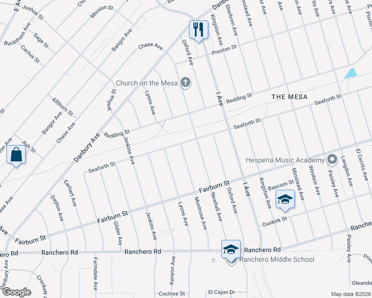 map of restaurants, bars, coffee shops, grocery stores, and more near 7697 Montrose Avenue in Hesperia