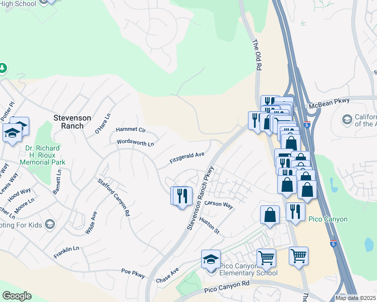 map of restaurants, bars, coffee shops, grocery stores, and more near 25433 Fitzgerald Avenue in Stevenson Ranch