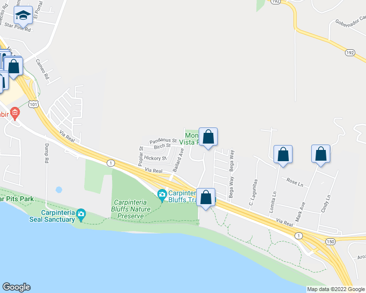 map of restaurants, bars, coffee shops, grocery stores, and more near Bailard Ave & Birch St in Carpinteria