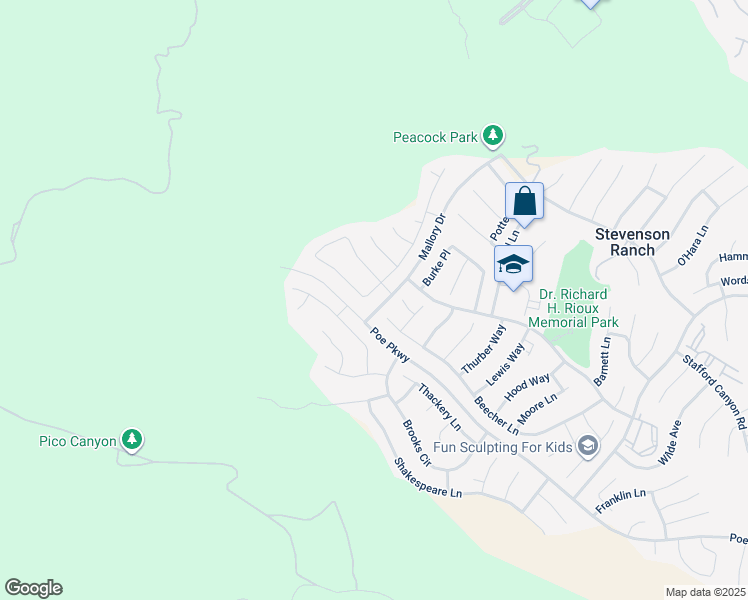 map of restaurants, bars, coffee shops, grocery stores, and more near 25808 Tennyson Lane in Stevenson Ranch