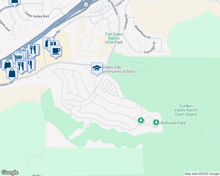 map of restaurants, bars, coffee shops, grocery stores, and more near 25118 Orange Lane in Santa Clarita