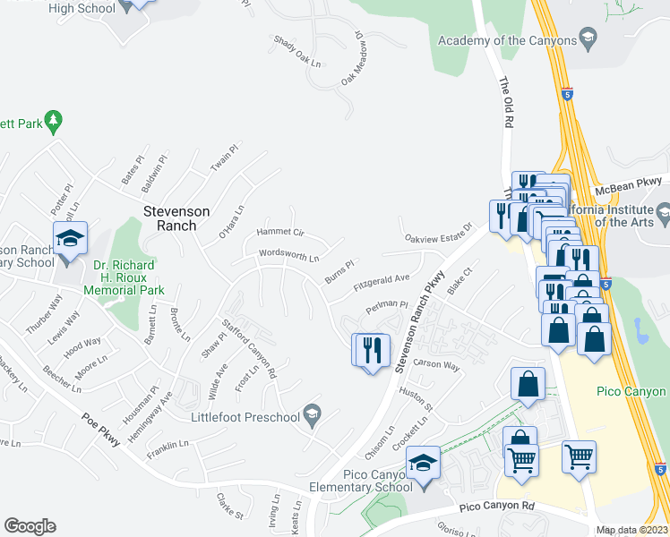 map of restaurants, bars, coffee shops, grocery stores, and more near 25525 Fitzgerald Avenue in Stevenson Ranch