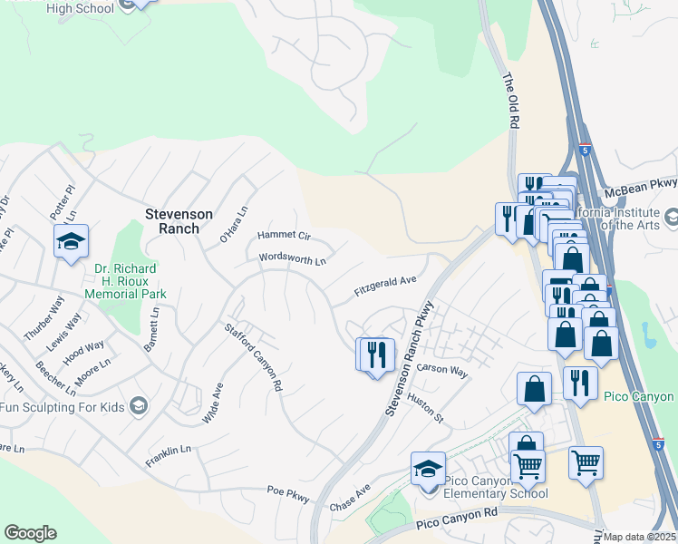 map of restaurants, bars, coffee shops, grocery stores, and more near 25577 Burns Place in Stevenson Ranch
