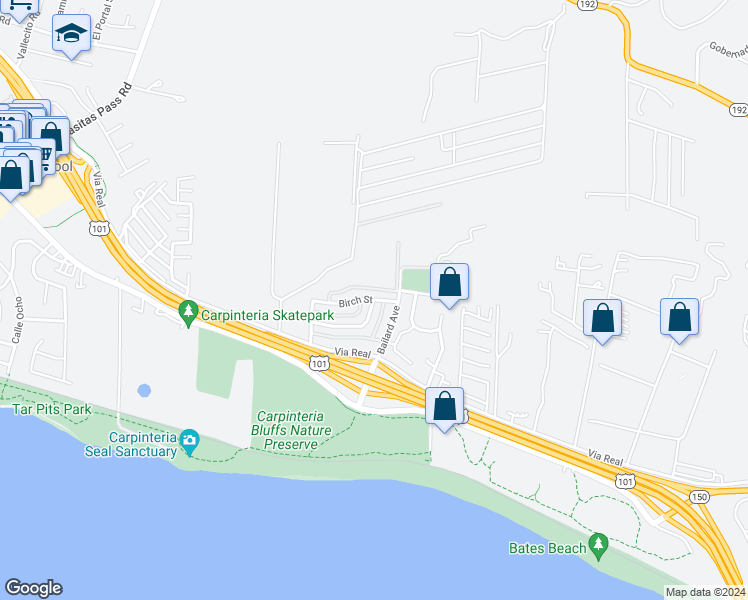 map of restaurants, bars, coffee shops, grocery stores, and more near Birch Street & Hickory Street in Carpinteria
