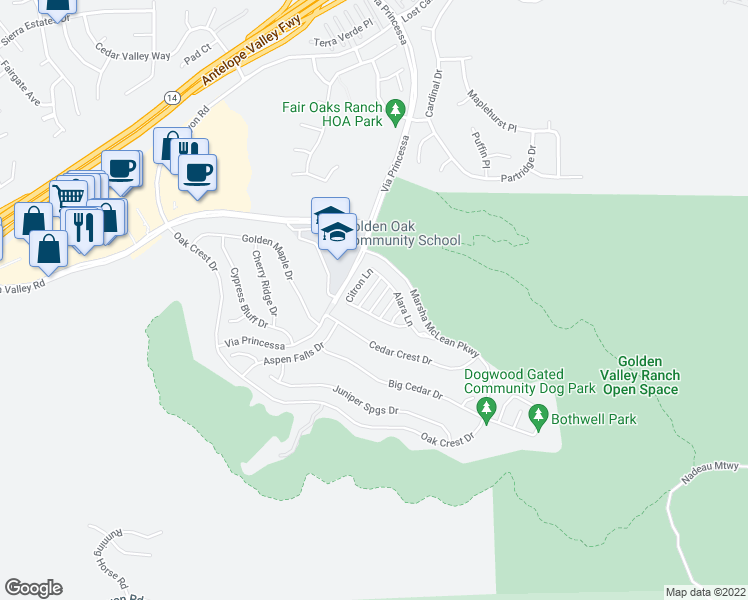 map of restaurants, bars, coffee shops, grocery stores, and more near 25114 Orange Lane in Santa Clarita