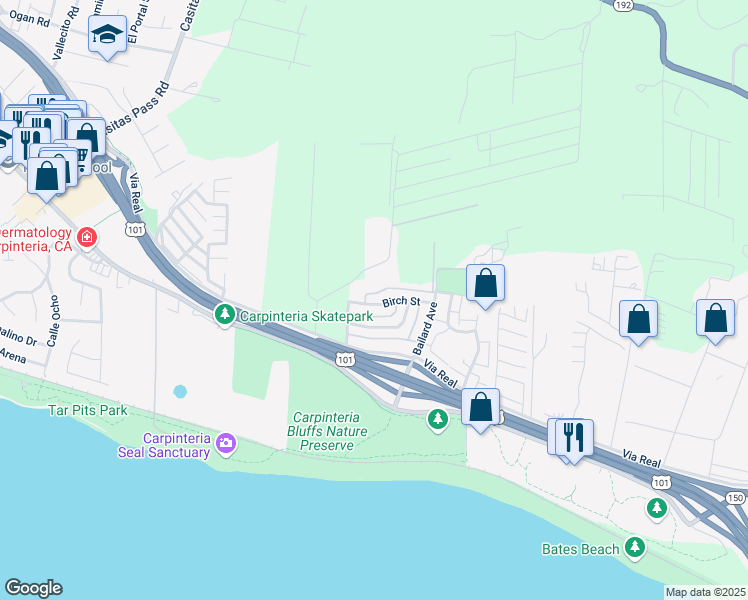 map of restaurants, bars, coffee shops, grocery stores, and more near 5940 Hickory Street in Carpinteria