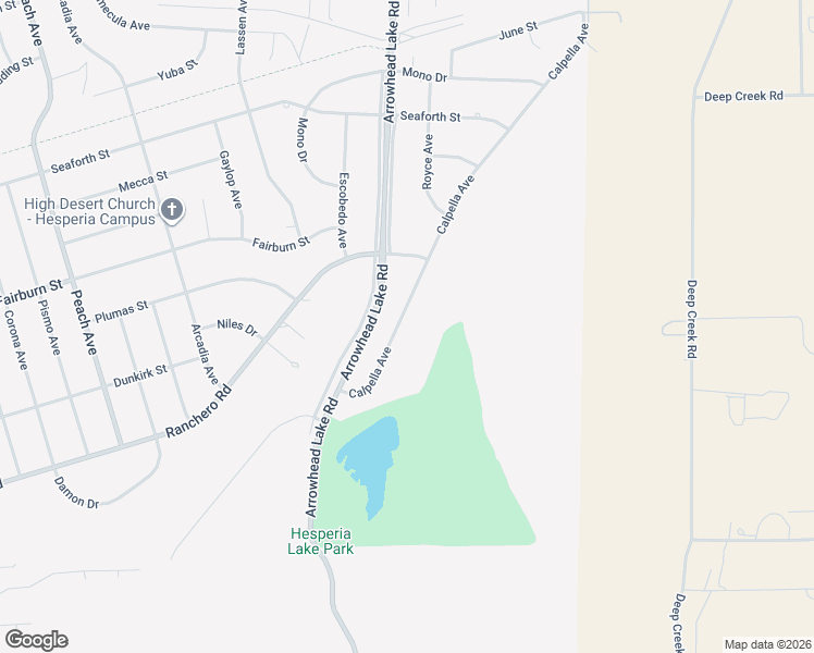 map of restaurants, bars, coffee shops, grocery stores, and more near 7685 Calpella Avenue in Hesperia