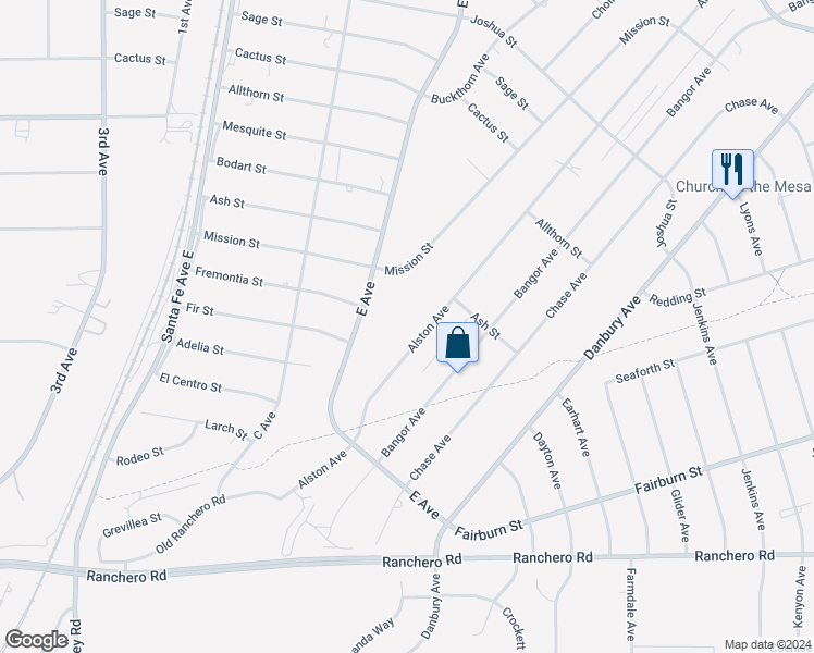 map of restaurants, bars, coffee shops, grocery stores, and more near 7704 Alston Avenue in Hesperia
