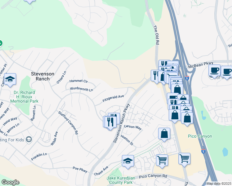 map of restaurants, bars, coffee shops, grocery stores, and more near 25442 Fitzgerald Avenue in Stevenson Ranch