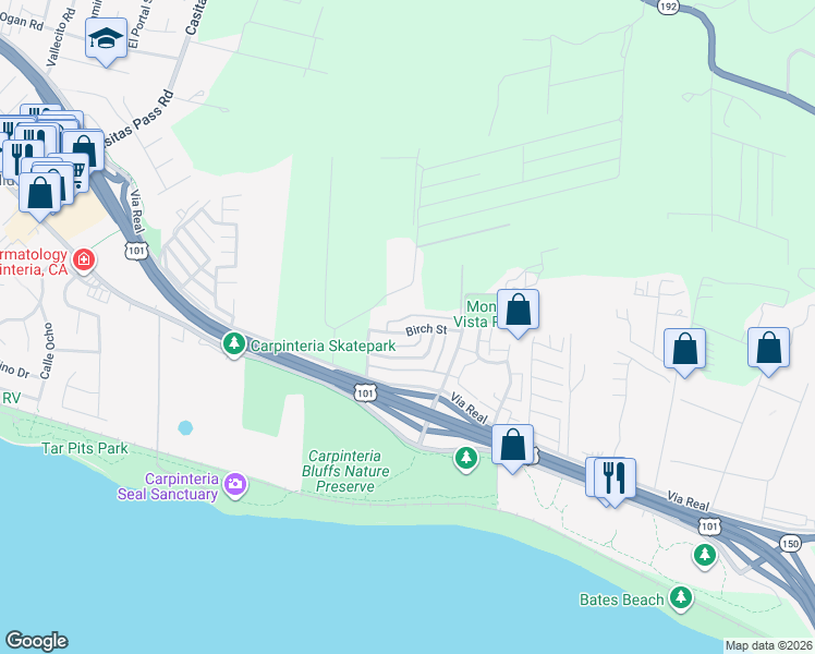 map of restaurants, bars, coffee shops, grocery stores, and more near 5940 Hickory Street in Carpinteria