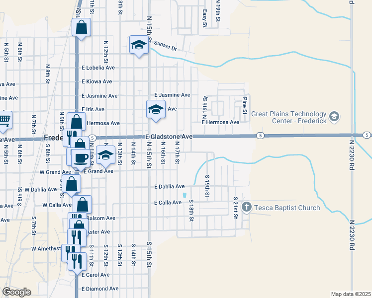 map of restaurants, bars, coffee shops, grocery stores, and more near 821 East Floral Avenue in Frederick