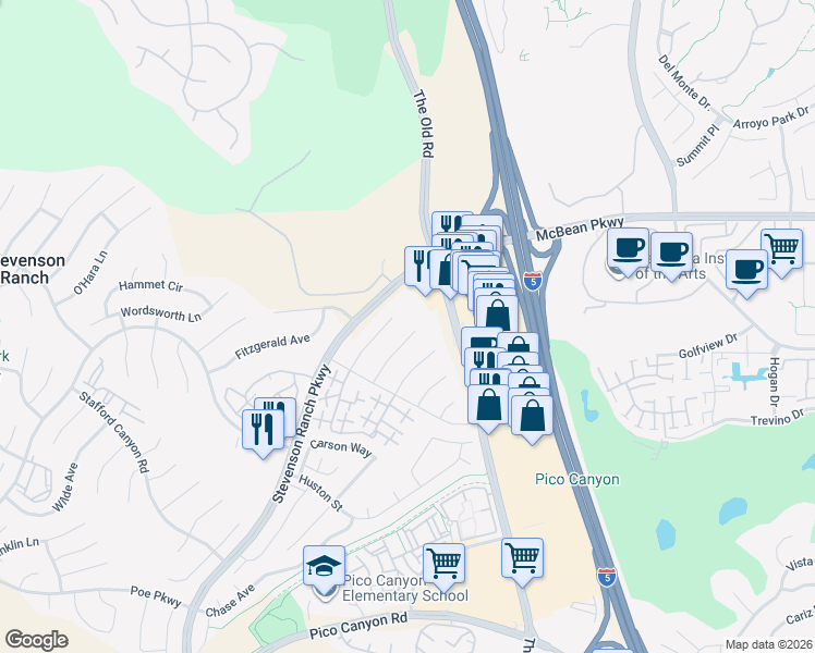 map of restaurants, bars, coffee shops, grocery stores, and more near 25843 Browning Place in Stevenson Ranch